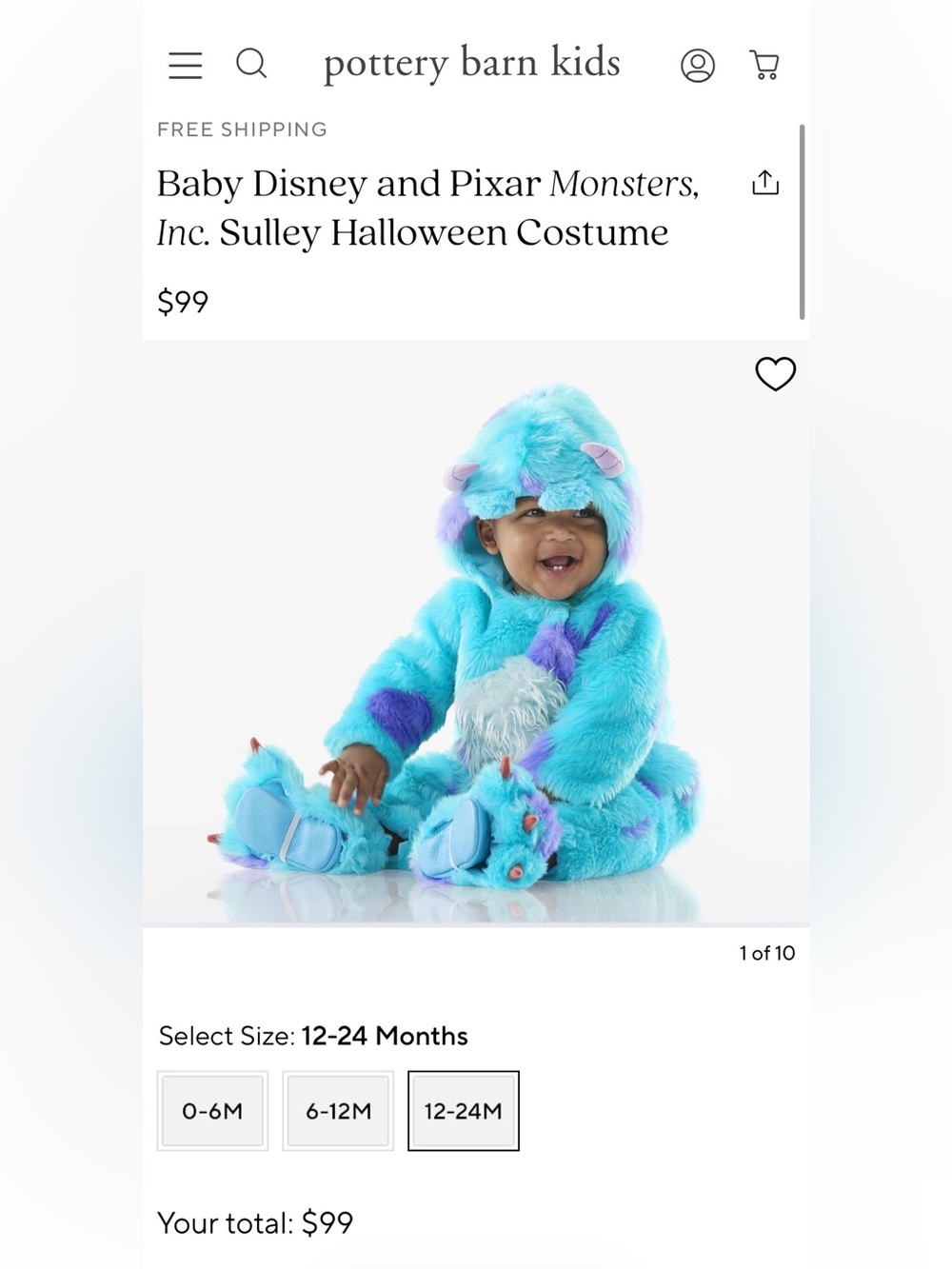 Pottery Barn Kids Sulley costume 12-24m